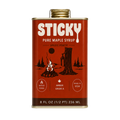 Brick-red 8 oz tin of Sticky Amber maple syrup with a gold cap, cream logo, drawn campfire and maple tree
