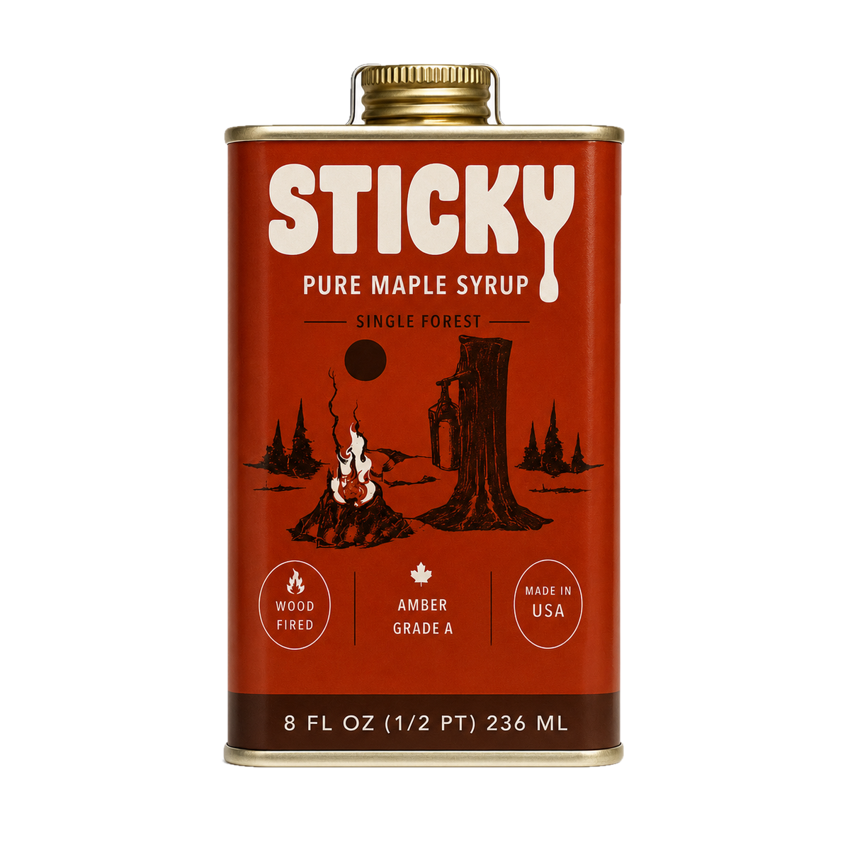 Brick-red 8 oz tin of Sticky Amber maple syrup with a gold cap, cream logo, drawn campfire and maple tree