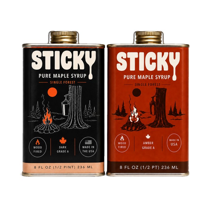 Sticky 8 oz maple syrup bundle with one Amber and one Dark tin