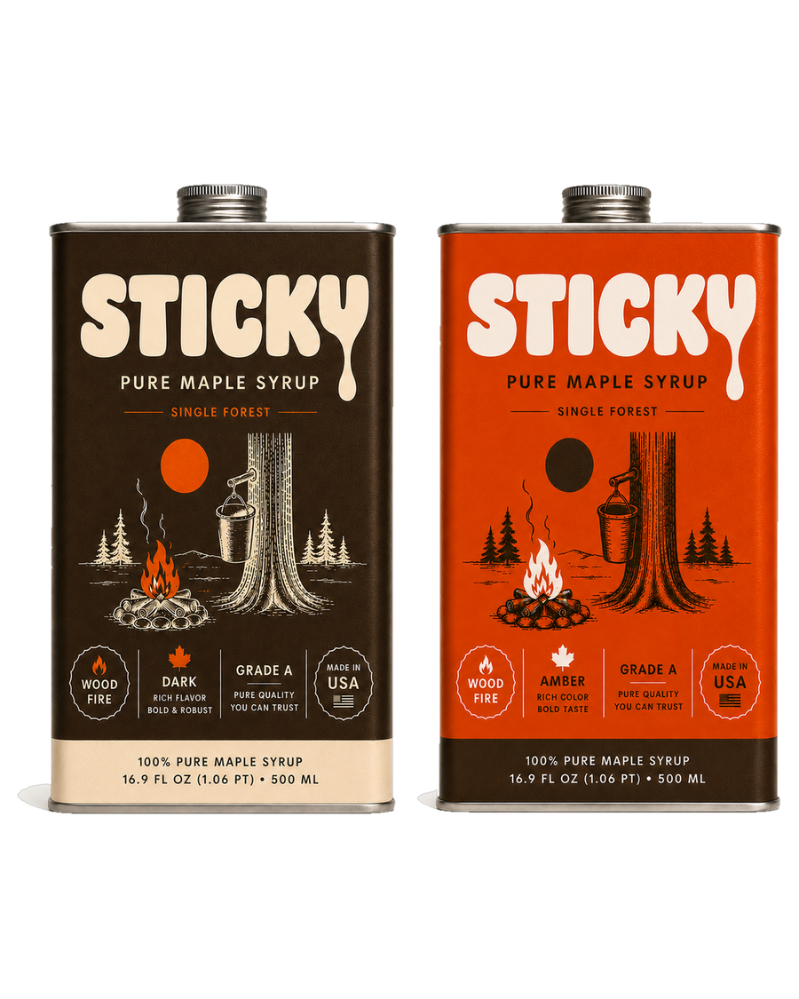 Sticky Amber and Dark maple syrup tins