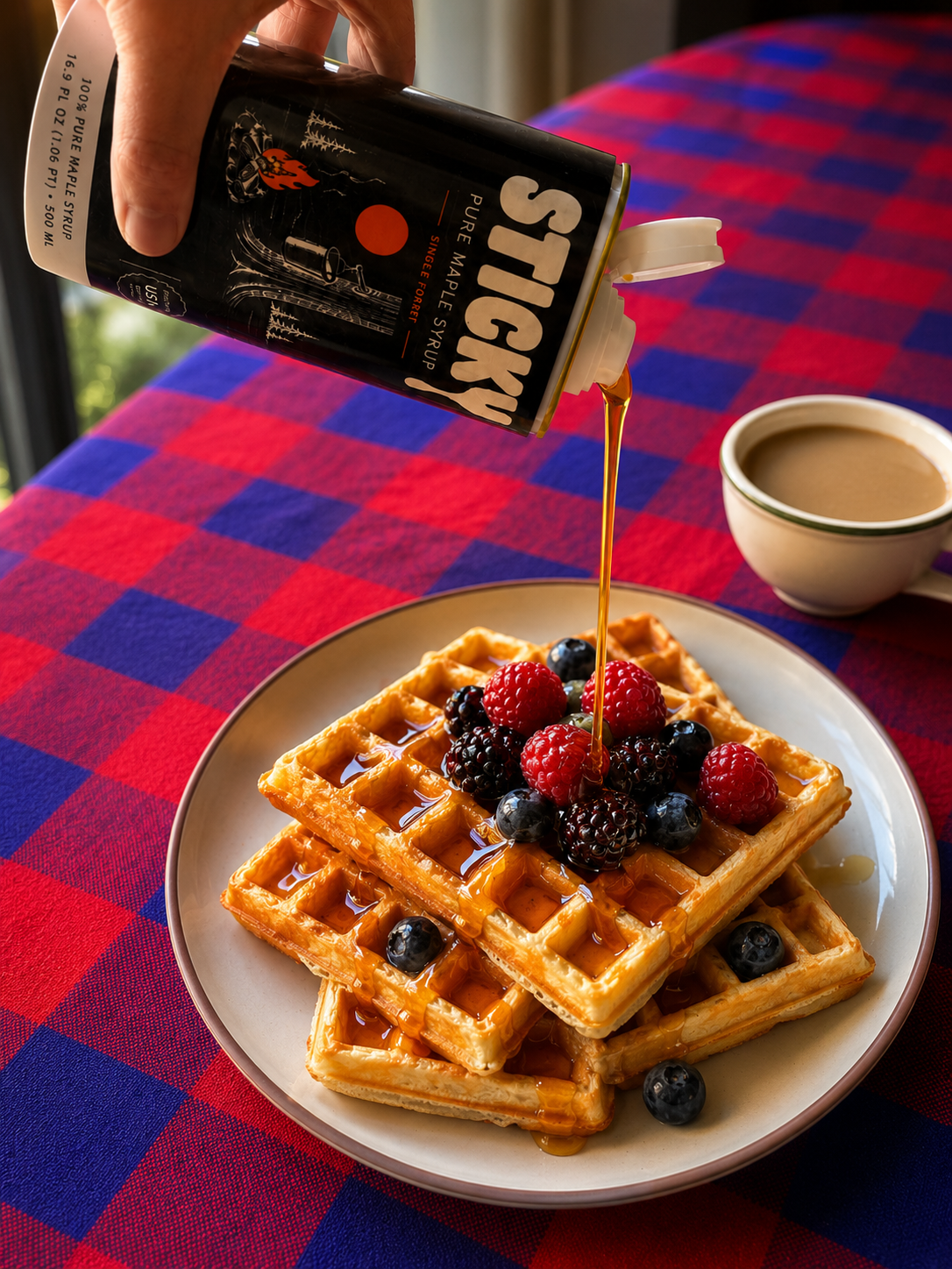 Sticky Dark maple syrup being poured over waffles with berries